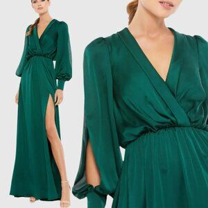 Mac Duggal 49146 Size 10 Emerald Green Long Split Sleeve V-Neck Gown Maxi Dress
